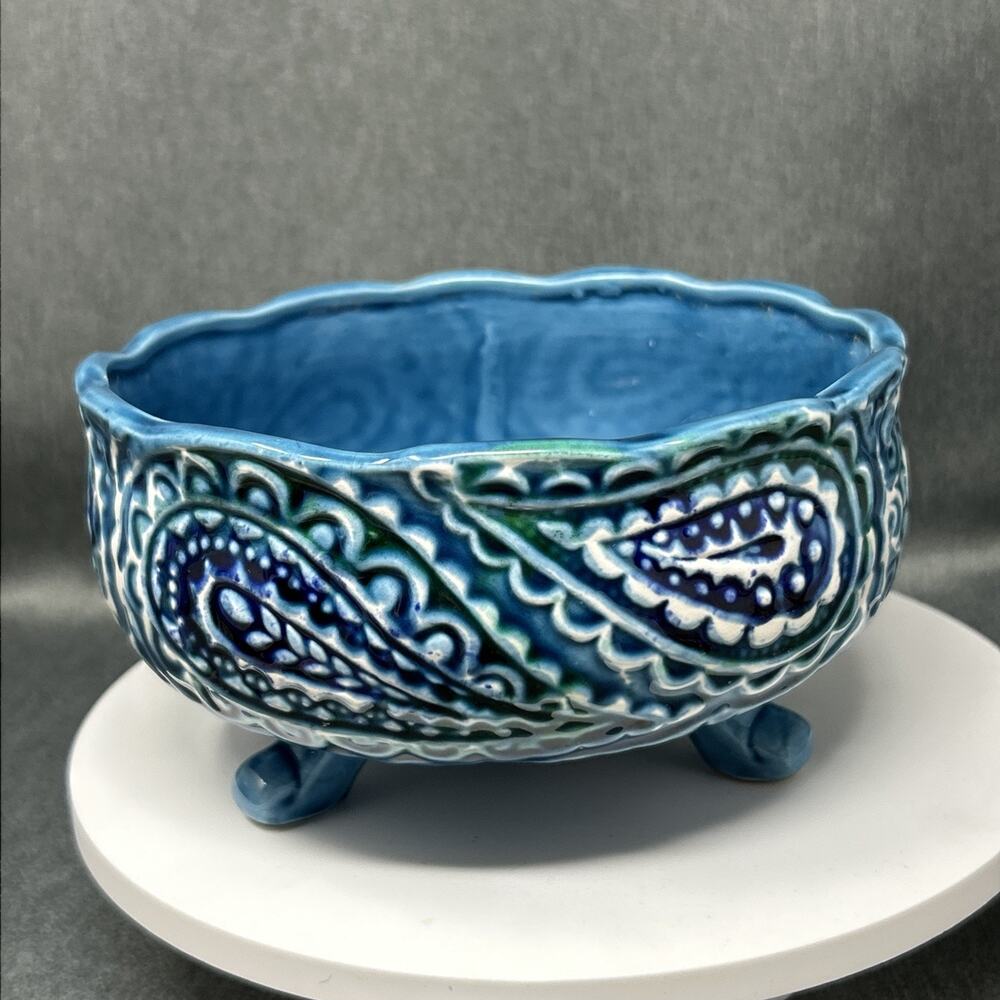 Vintage Relpo 5882 Planter Blue Green Ceramic Footed Scalloped Paisley Japan MCM